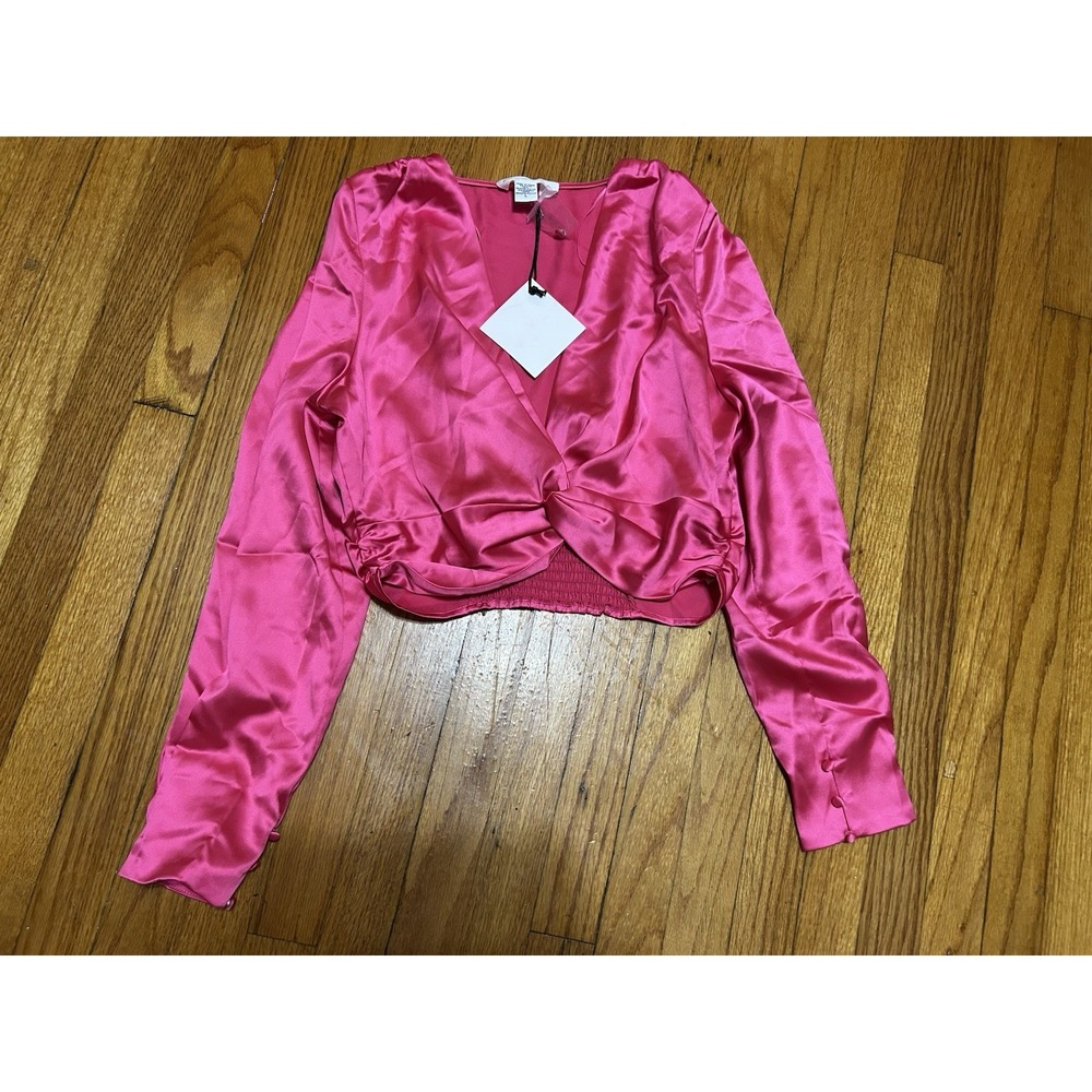 Spring + Mercer Pink Satin Twist Front Crop Top Long Sleeve V- Neck Blouse New L